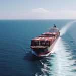 big transport ship with containers with goods open sea generative ai