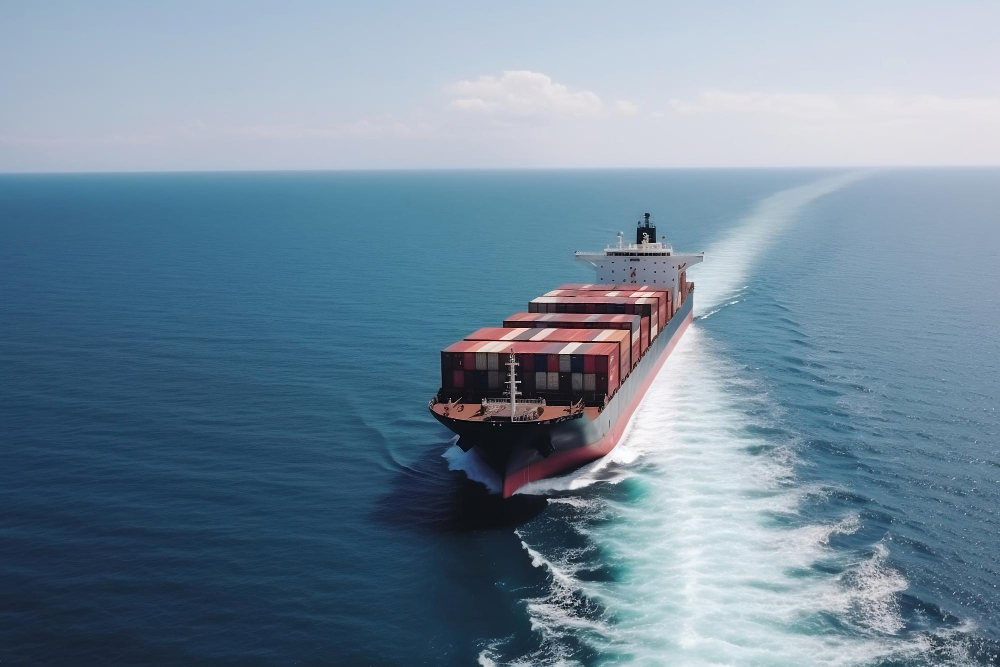big transport ship with containers with goods open sea generative ai